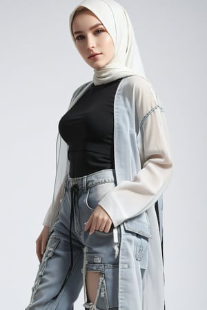 wearing hijab, baggy loose-fitting large see-through tactical kimono, Baggy ripped cargo jeans, doctor marten's high boots, detailed skin texture, front view, ((white_skin)), pale_skin, beautiful woman thick Russian-Korean lady, age 21, 21 years old, toned_belly, big_thighs, curvy, glistening_s, hyperdetailed photography, cover,photorealistic, hourglass body shape