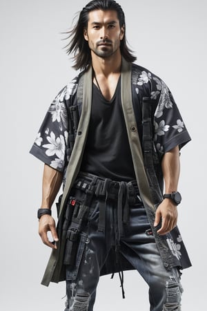 1man, male, Long-exposure, head to toe, Full view portrait of a man, handsome face, muscular body, samurai long hair hairstyle, floral-patterned baggy loose-fitting large tactical kimono , Baggy ripped cargo jeans, high-cut sneakers, detailed skin texture, front view, age 31, 31 years old, hyperdetailed photography, cover,photorealistic, urban techwear, TechStreetwear, tactical gear, tacticalgear,mullet_hair,shullet,