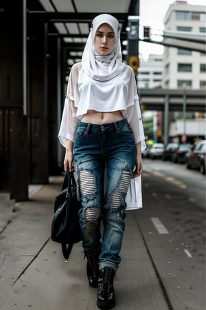 wearing hijab, baggy loose-fitting large see-through tactical kimono, Baggy ripped cargo jeans, doctor marten's high boots, detailed skin texture, front view, ((white_skin)), pale_skin, beautiful woman thick Russian-Korean lady, age 21, 21 years old, toned_belly, big_thighs, curvy, glistening_s, hyperdetailed photography, cover,photorealistic, hourglass body shape