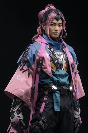 1male, (best quality,8K,highres,masterpiece, ultra-detailed, super colorful, vibrant, realistic, high-resolution), wide view, full picture head-to-toe, colorful portrait of an asian male with flawless anatomy, his left hand is detachable mechanical prosthetics hand, he is wearing a blue-coloured tactical kimono with no under-garment under it, baggy cargo pants, doctor marten's high boots, His tattoed skin is extremely detailed and realistic, with a natural and lifelike texture. ((His pink-colored wavy hair is tied in high-knot)) The background is black. The lighting accentuates the contours of his face, adding depth and dimension to the portrait. The overall composition is masterfully done, showcasing the intricate details and achieving a high level of realism,Hair,zzmckzz,Mecha body,mecha,mecha musume,kimono,BJ_Gundam,haman karn,Rabbit ear,urban techwear,tech