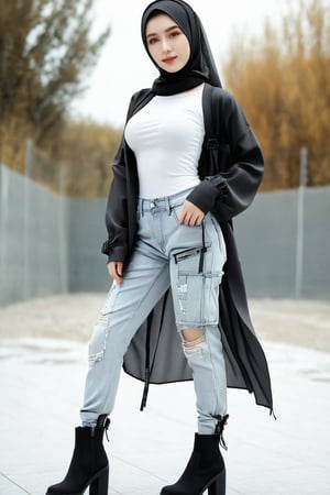 wearing hijab, baggy loose-fitting large see-through tactical kimono, Baggy ripped cargo jeans, doctor marten's high boots, detailed skin texture, front view, ((white_skin)), pale_skin, beautiful woman thick Russian-Korean lady, age 21, 21 years old, toned_belly, big_thighs, curvy, glistening_s, hyperdetailed photography, cover,photorealistic, hourglass body shape