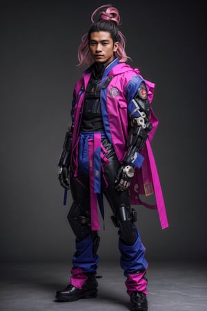1male, (best quality,8K,highres,masterpiece, ultra-detailed, super colorful, vibrant, realistic, high-resolution), wide view, full picture head-to-toe, colorful portrait of an asian male with flawless anatomy, his left hand is detachable mechanical prosthetics hand, he is wearing a blue-coloured tactical kimono with no under-garment under it, baggy cargo pants, doctor marten's high boots, His tattoed skin is extremely detailed and realistic, with a natural and lifelike texture. ((His pink-colored wavy hair is tied in high-knot, man-bun)) The background is black. The lighting accentuates the contours of his face, adding depth and dimension to the portrait. The overall composition is masterfully done, showcasing the intricate details and achieving a high level of realism,Hair,zzmckzz,Mecha body,mecha,mecha musume,kimono,BJ_Gundam,haman karn,Rabbit ear,urban techwear,tech