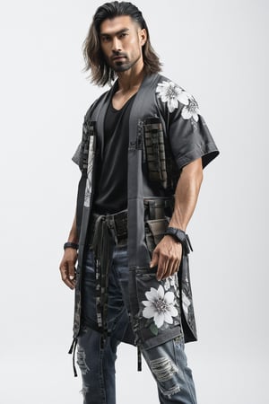 1man, male, Long-exposure, head to toe, Full view portrait of a man, handsome face, muscular body, samurai long hair hairstyle, floral-patterned baggy loose-fitting large tactical kimono , Baggy ripped cargo jeans, high-cut sneakers, detailed skin texture, front view, age 31, 31 years old, hyperdetailed photography, cover,photorealistic, urban techwear, TechStreetwear, tactical gear, tacticalgear,mullet_hair,shullet,