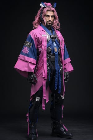 1male, (best quality,8K,highres,masterpiece, ultra-detailed, super colorful, vibrant, realistic, high-resolution), wide view, full picture head-to-toe, colorful portrait of an asian male with flawless anatomy, his left hand is detachable mechanical prosthetics hand, he is wearing a blue-coloured tactical kimono with no under-garment under it, baggy cargo pants, doctor marten's high boots, His tattoed skin is extremely detailed and realistic, with a natural and lifelike texture. ((His pink-colored wavy hair is tied in high-knot)) The background is black. The lighting accentuates the contours of his face, adding depth and dimension to the portrait. The overall composition is masterfully done, showcasing the intricate details and achieving a high level of realism,Hair,zzmckzz,Mecha body,mecha,mecha musume,kimono,BJ_Gundam,haman karn,Rabbit ear,urban techwear,tech