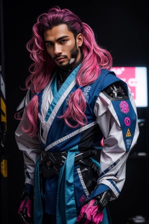 1male, (best quality,8K,highres,masterpiece, ultra-detailed, super colorful, vibrant, realistic, high-resolution), wide view, full picture head-to-toe, colorful portrait of an asian male with flawless anatomy, his left hand is detachable mechanical prosthetics hand, he is wearing a blue-coloured tactical kimono with no under-garment under it, baggy cargo pants, doctor marten's high boots, His tattoed skin is extremely detailed and realistic, with a natural and lifelike texture. ((His pink-colored wavy hair is tied in high-knot)) The background is black. The lighting accentuates the contours of his face, adding depth and dimension to the portrait. The overall composition is masterfully done, showcasing the intricate details and achieving a high level of realism,Hair,zzmckzz,Mecha body,mecha,mecha musume,kimono,BJ_Gundam,haman karn,Rabbit ear,urban techwear,tech