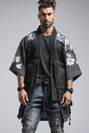 1man, male, Long-exposure, head to toe, Full view portrait of a man, handsome face, muscular body, samurai hair, ((long high-knot wavy hair)), floral-patterned baggy loose-fitting large tactical kimono , Baggy ripped cargo jeans, high-cut sneakers, detailed skin texture, front view, age 31, 31 years old, hyperdetailed photography, cover,photorealistic, urban techwear, TechStreetwear, tactical gear, tacticalgear,mullet_hair,shullet,