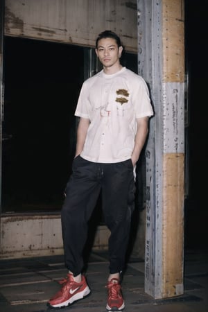((Indoor)), ((white room)) , abandoned building, ((plain t-shirt)), ((baggy cargo pants)), nike sneakers, ((red-coloured hair)), 1man, 163cm height, ((full body)), masterpiece, best quality, ultra highres, intricate details, Suguru, tied up hair, ((male focus)),best quality, extremely detailed, HD,8k,photorealistic, pectoral lift, pectorals, Male focus, fit, ASU1,flash,flashlight,Hair
