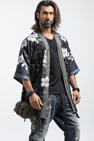 1man, male, Long-exposure, head to toe, Full view portrait of a man, handsome face, muscular body, samurai long hair hairstyle, floral-patterned baggy loose-fitting large tactical kimono , Baggy ripped cargo jeans, high-cut sneakers, detailed skin texture, front view, age 31, 31 years old, hyperdetailed photography, cover,photorealistic, urban techwear, TechStreetwear, tactical gear, tacticalgear,mullet_hair,shullet,