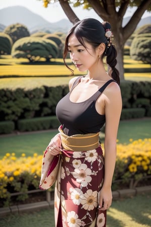 Realistic photography cinematic still, low angle view shot,1women, wearing yakata outside, wearing tank top inside ,
colorful flowers field as a scene,
Rule of third composition portrait, professional photographer,
Rim light, sunshine days, Giant tree, flim grain:1.2,kimono,photorealistic