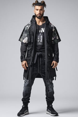 1man, male, Long-exposure, head to toe, Full view portrait of a man, handsome face, muscular body, viking hair, samurai hair, ((long high-knot tied wavy hair)), floral-patterned baggy loose-fitting large tactical kimono , Baggy ripped cargo jeans, high-cut sneakers, detailed skin texture, front view, age 31, 31 years old, hyperdetailed photography, cover,photorealistic, urban techwear, TechStreetwear, tactical gear, tacticalgear,mullet_hair,shullet,