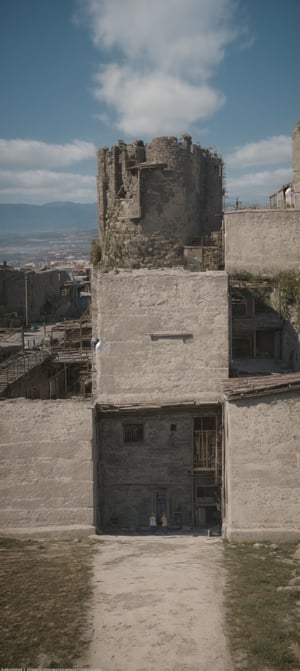 A woman, in a Medieval village buildings scene with busy streets and castle in the distance, clouds and mountains ,FFIXBG,High detailed ,no_humans,fate/stay background