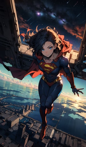 ((Masterpiece, highly detailed, extremely detailed, beautiful, HD)), 1lady, area lighting, hourglass_figure, HD, 8k, ((supergirl)), long_cape, (knight black armor), black_hair, blue eyes, full body, cloud, flying, levitating, sky, zero gravity, view from above looking down, moon, night, stars, looking down. 