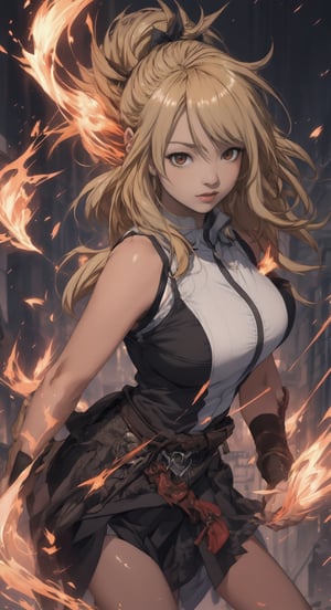 A black knight, red eyes, glowing eyes:1.3, bloody blonde hair, flaming_tail, flaming rage, full-body_portrait ,Lucy_Heartfilia