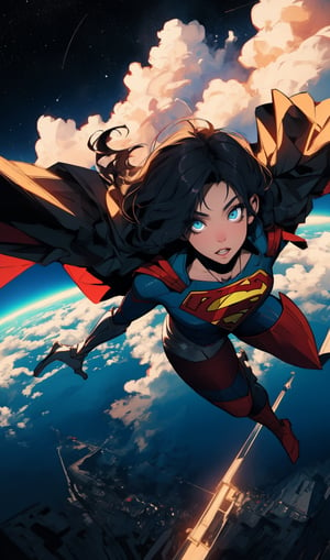 ((Masterpiece, highly detailed, extremely detailed, beautiful, HD)), 1lady, area lighting, hourglass_figure, HD, 8k, ((supergirl)), long_cape, (knight black armor), black_hair, blue eyes, full body, cloud, flying, levitating, sky, zero gravity, view from above looking down, moon, night, stars, looking down. 