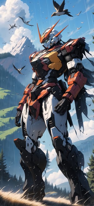 Giant gundam, , crossing fields of trees, birds flying, gray clouds, raining, mountains, masterpiece, ultra detailed, ((strong detailed in small areas)), Sci-fi, ultra high res, ((solo)),Mecha warrior