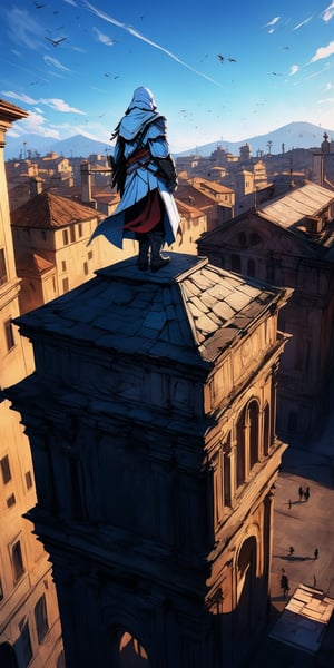 Assassins creed, full_body, female Assassins, standing on rooftop, solo_focus, Rome 