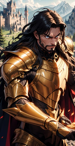 An man, long black hair, facial_hair, bread:1.3, bangs, (angry look), golden armor, lower body knight armor, shoulder_cape, (golden gauntlet), strong physique, slim muscular body, bodybuild, detailed armor, masterpiece, best quality, high detailed, ultra-detailed, (medium portrait), ((slim muscular body)), ((castle on a mountain)), best illustrated,worldoffire