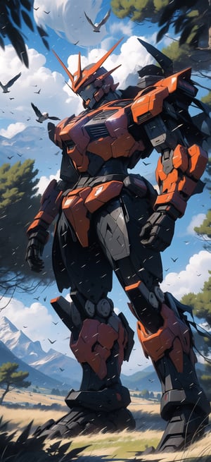 Giant gundam, , crossing fields of trees, birds flying, gray clouds, raining, mountains, masterpiece, ultra detailed, ((strong detailed in small areas)), Sci-fi, ultra high res, ((solo)),Mecha warrior