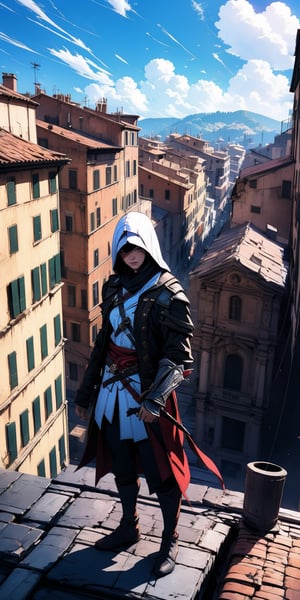 Assassins creed, full_body, female Assassins, oversized_clothes, standing on rooftop, solo_focus, Rome 