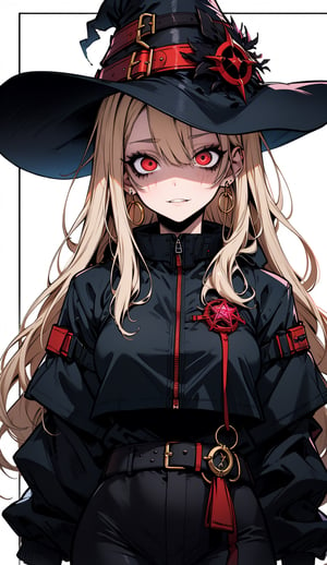 Red eyes, evil, golden, shiny, gold hair,High detailed ,midjourney,perfecteyes,Color magic,urban techwear,hmochako,better witch,witch, witch,Long hair,free style,horror (theme),magazine cover,yandere trance