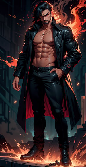 An man, red eyes, long hair, black hair, facial_hair, bread:1.3, bangs, (angry look), ((black trench coat)), (bare chest), black pants, strong physique, slim muscular body, bodybuild, masterpiece, best quality, high detailed, ultra-detailed, (), ((slim muscular body)), ((full-body)), standing, best illustrated, dark colors, sad colors, thousand eyes,worldoffire