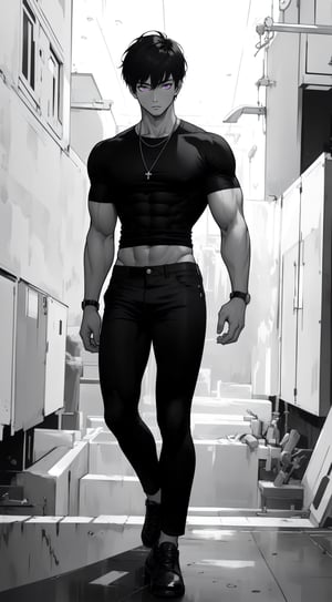 Muscular man body, slim body, black loosen shirt, black pants, short textured french crop with taper fade, bangs, black hair, purple eyes, full-body_portrait, black and white