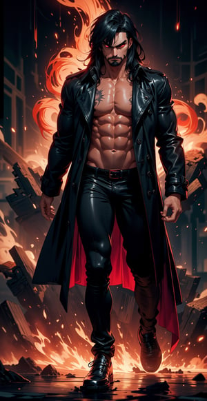 An man, red eyes, long hair, black hair, facial_hair, bread:1.3, bangs, (angry look), ((black trench coat)), (bare chest), black pants, strong physique, slim muscular body, bodybuild, masterpiece, best quality, high detailed, ultra-detailed, (), ((slim muscular body)), ((full-body)), standing, best illustrated, dark colors, sad colors, thousand eyes,worldoffire