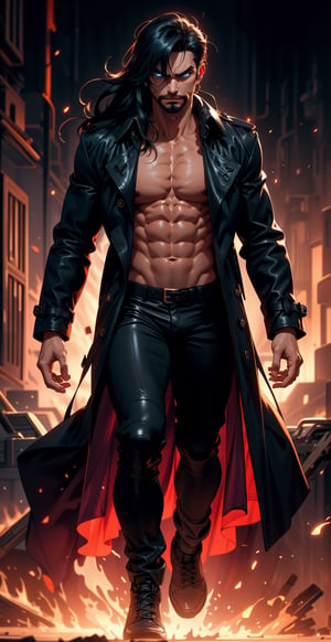 An man, long hair, black hair, facial_hair, bread:1.3, bangs, (angry look), ((black trench coat)), (bare chest), black pants, strong physique, slim muscular body, bodybuild, masterpiece, best quality, high detailed, ultra-detailed, (), ((slim muscular body)), ((full-body)), standing, best illustrated, dark colors, sad colors, thousand eyes,worldoffire
