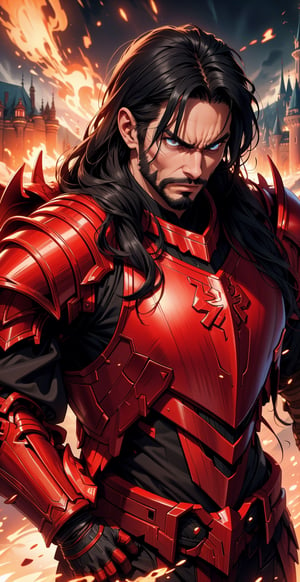 An man, long black hair, facial_hair, bread:1.3, bangs, (angry look), red armor, lower body knight armor, shoulder_cape, (red gauntlet), strong physique, slim muscular body, bodybuild, detailed armor, masterpiece, best quality, high detailed, ultra-detailed, (medium portrait), ((slim muscular body)), ((castle on a mountain)), best illustrated,worldoffire