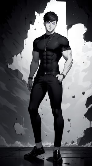 Muscular man body, black shirt, black pants, short textured french crop with taper fade, bangs, black hair, purple eyes, full-body_portrait, black and white background 