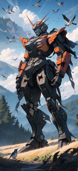 Giant gundam, , crossing fields of trees, birds flying, gray clouds, raining, mountains, masterpiece, ultra detailed, ((strong detailed in small areas)), Sci-fi, ultra high res, ((solo)),Mecha warrior