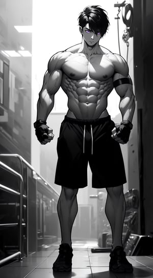 Muscular man body, shirtless, (slim body), (black hair), black gym shorts, fingerless gloves, clinching fist, (purple eyes), short textured french crop with taper fade, bangs, black hair, (glowing eyes), full-body_portrait, ((black and white)), ((B&W)), slim body, 