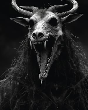 darkart, random creepy pasta characters, scary, disturbing, chilling, horrified , does not have a lower jaw, ((his jaw is broken)), His appearance is that of a very dirty human, has goat crows