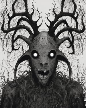 darkart, random creepy pasta characters, scary, disturbing, chilling, horrified , ((multiple eyes, on the face)), he has antlers on his head, he is bald, only his lower jaw is shown