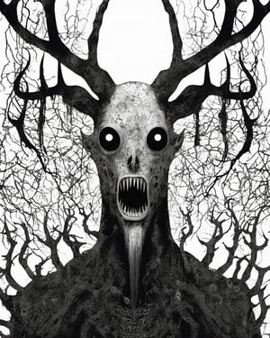 darkart, random creepy pasta characters, scary, disturbing, chilling, horrified , ((multiple eyes, on the face)), he has antlers on his head, he is bald, only his lower jaw is shown