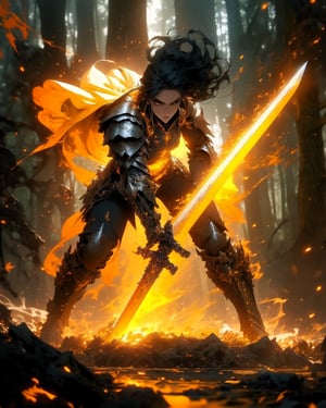 (1girl), beautiful woman, paladin, large shield, paladin armor, very large sword in hand, fire particles floating around, battlefield, action position, dynamic position, forest, High detailed ,r1ge, (yellow theme:1.2)