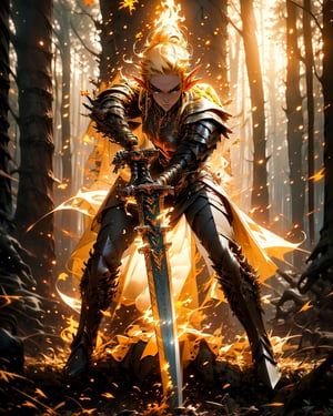 (1girl), (beautiful elf woman), paladin, large shield, paladin armor, very large sword in hand, fire particles floating around, battlefield, action position, dynamic position,High detailed ,r1ge, (yellow theme:1.2),forest_elf