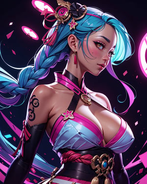 beautiful woman, geisha clothing, long braids, cleavage, bottom view, looking_at_viewer, power effect, fog, tatoos, pastel colors, artwork_(digital), digital painting, vibrant color, neon light, tokyo stand