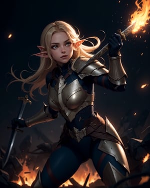 (1girl), (beautiful elf woman), paladin, large shield, paladin armor, very large sword in hand, fire particles floating around, battlefield, action position, dynamic position,High detailed, (dark yellow theme:1.2)
