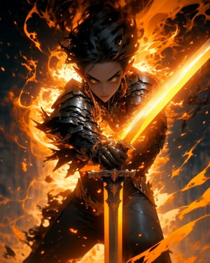 (1girl), (beautiful elf woman), paladin, large shield, paladin armor, very large sword in hand, fire particles floating around, battlefield, action position, dynamic position,High detailed ,r1ge, (yellow theme:1.2)