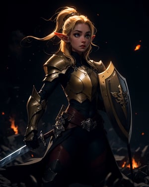 (1girl), (beautiful elf woman), paladin, large shield, paladin armor, very large sword in hand, fire particles floating around, battlefield, action position, dynamic position,High detailed, (dark yellow theme:1.2),SAM YANG