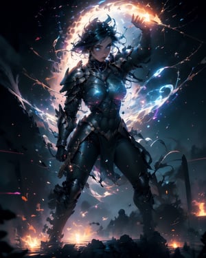 (1girl), beautiful woman, paladin, large shield, paladin armor, very large sword in hand, fire particles floating around, battlefield, action position, dynamic position,High detailed 