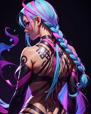 beautiful woman, long braids, back view, looking_at_viewer, power effect, fog, tatoos, pastel colors, artwork_(digital), digital painting