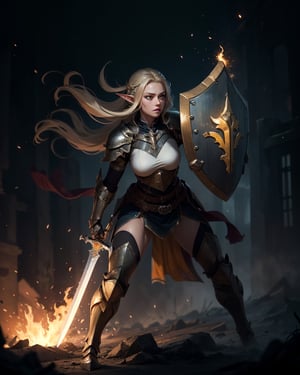 (1girl), (beautiful elf woman), paladin, large shield, paladin armor, very large sword in hand, fire particles floating around, battlefield, action position, dynamic position,High detailed, (dark yellow theme:1.2),SAM YANG