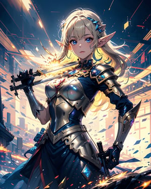 (1girl), (beautiful elf woman), paladin, large shield, paladin armor, very large sword in hand, fire particles floating around, battlefield, action position, dynamic position,High detailed, glitter, high_resolution, detailed, portrait, shiny skin, multicolor