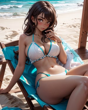 (1girl), beautiful/dark skin woman, big breasts, ((brown/middle hair)), sexy position, intricate bikini, laying down, beach chair, lounge chair, parted lips, shy, blush