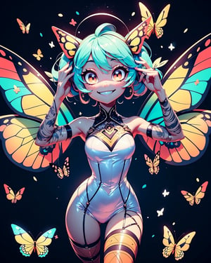 butterfly, eyes, arms, legs, smile, illustration, vector, cute, front view,High detailed,Neon Dreams