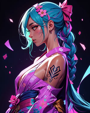 beautiful woman, yukata, long braids, side view, looking_at_viewer, power effect, fog, tatoos, pastel colors, artwork_(digital), digital painting, vibrant color, neon light, epic background