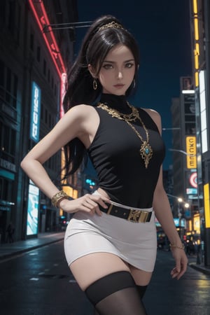 Full-length portrait of a young, thin, fit morrocan girl, wearing a futuristic egyptian outfit inspired by buck rogers, mini skirt with slits on the sides and gadgets on the belt with neon highlights, trendy jewelry, hyperrealistic detailed face, clear realistic eyes, dynamic pose, womancore Michael Garmash, Daniel F. Gerhartz, strybk style, warm dreamy lighting, at an elegant african savannah, volumetric lighting, pulp adventure style, liquid acrylic, dynamic gradients, bold color, illustration, highly detailed, simple, smooth and clean vector curves, vector art, smooth, Johan Grenier, character design, 3d shading, cinematography, ornate motifs, elegant organic framing, hyperrealism, posterized, collection of masterpiece, bold colors,Shihouin Yoruichi