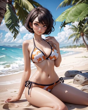 (1girl), beautiful woman, short hair, sit on the sand, bikini, sexy, charmed, intricate/orange/shiny eyes, open chest